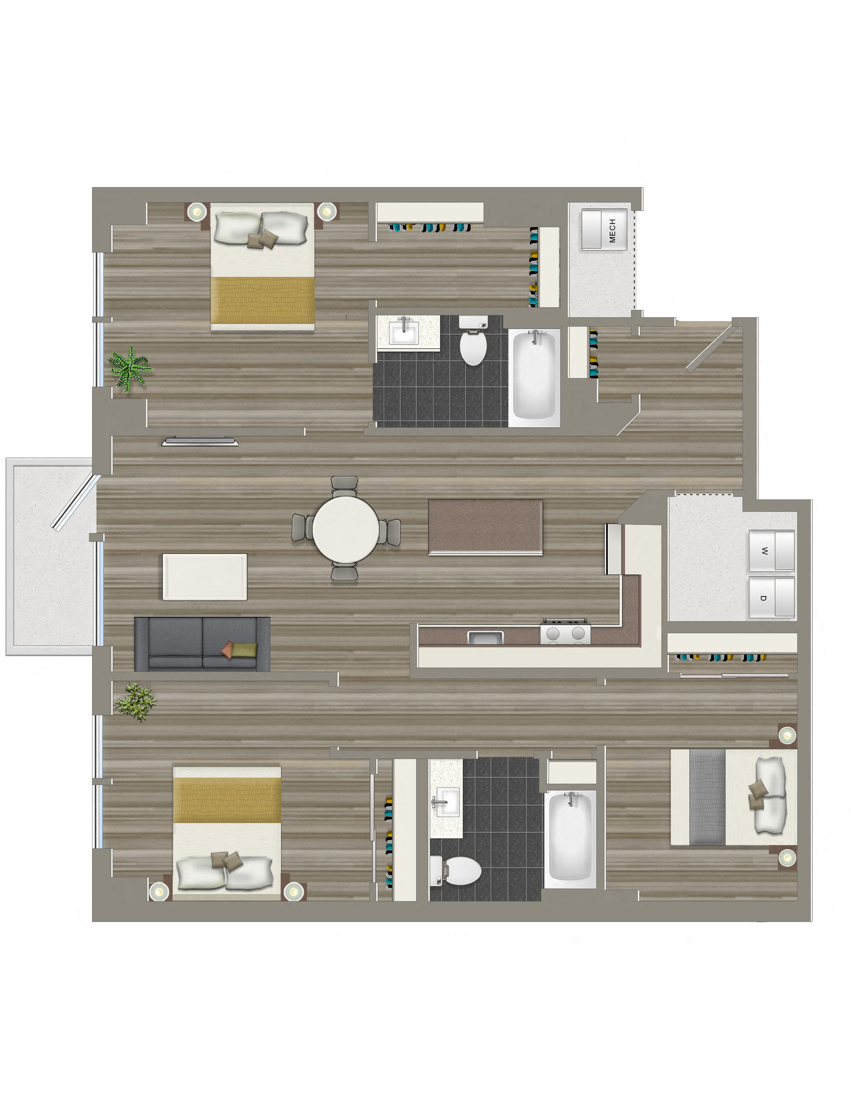 Floor plan for 3 beds, 2 baths, 1180 sqft